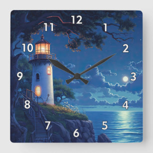 Relógio Quadrado Pintura digital de um farol à luz do luar