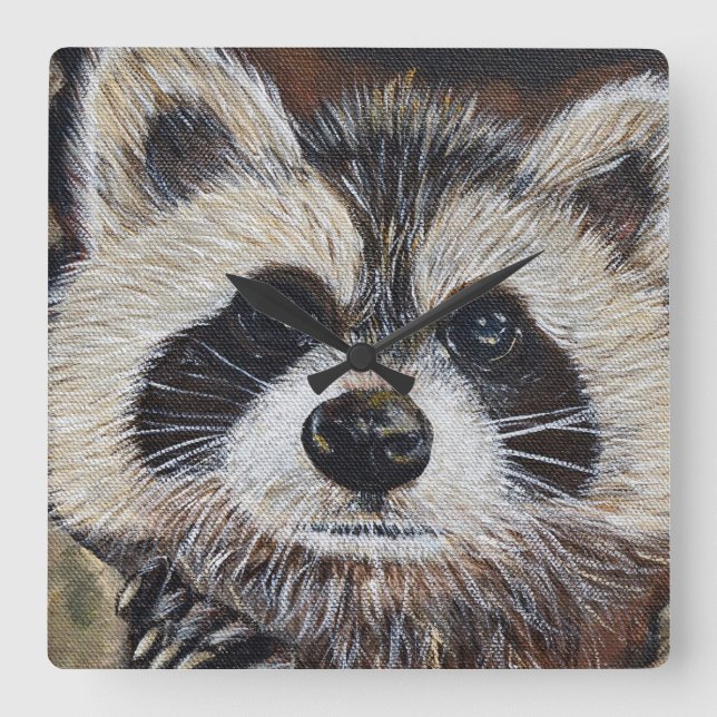 Relógio Quadrado Pintura do Raccoon (Frente)