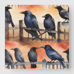Relógio Quadrado Pintura em aquarela de corvos pretos em uma cerca