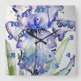 Relógio Quadrado Pintura em Aquarela de Íris Azul Roxo Arte Floral