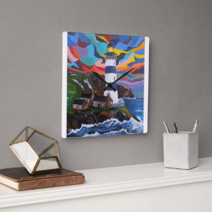 Relógio Quadrado Pintura Farol Acima das Ondas por Alfred Fox