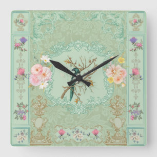 Relógio Quadrado Pintura Floral Rococó Pastel Vitoriana Antiga