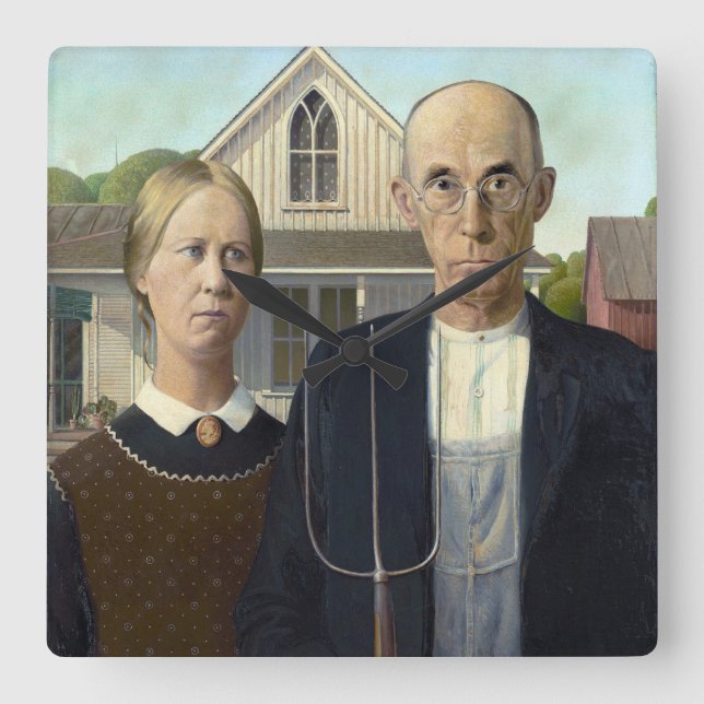 Relógio Quadrado Pintura Gótica Americana por Grant Wood (Frente)