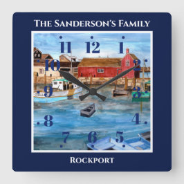 Relógio Quadrado Pintura no Rockport Harbor Massachusetts New Engla