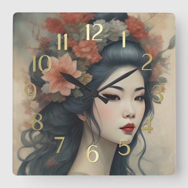 Relógio Quadrado Pintura Por Aquarela Lindas Flores Asiáticas (Frente)