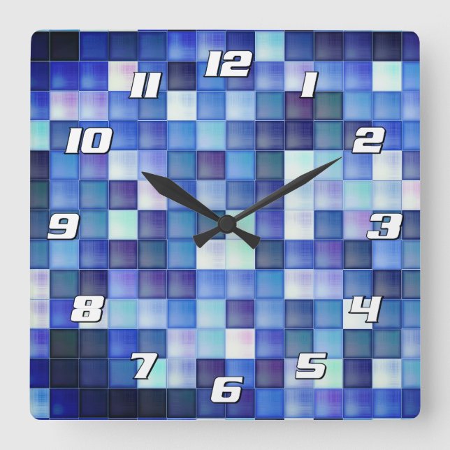Relógio Quadrado Pixels de Jogo de Vídeo Pixels Blue Square com Núm (Frente)