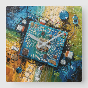 Relógio Quadrado Placa-mãe - Arte tecnológica abstrata de computado