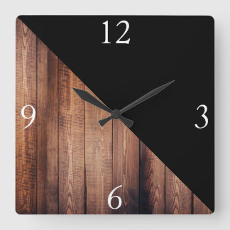 Relógio Quadrado Planilhas de madeira e preto modernos