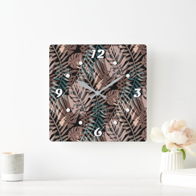 Relógio Quadrado Plantas tropicais, selva, trópicos, bege, folhas (Lar)