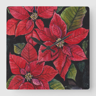 Relógio Quadrado Poinsettia Vibrante Em Aquarela