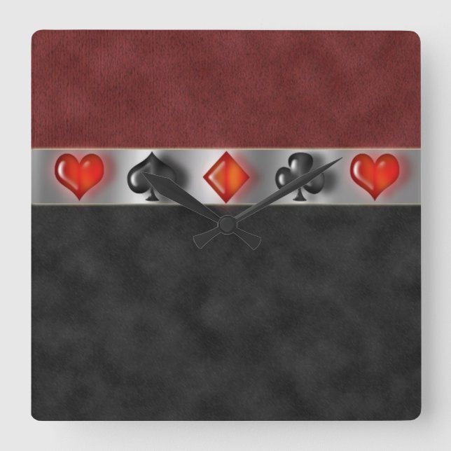 Relógio Quadrado Poker Cards Suite Games Digital Black Red Suede (Frente)