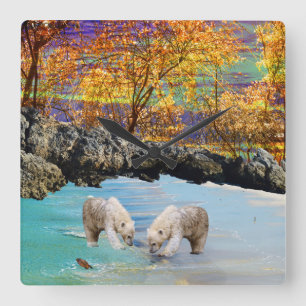 Relógio Quadrado Polar Bear Cubs Pescar;