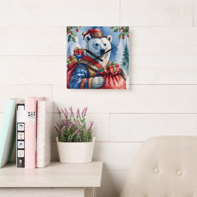 Relógio Quadrado Polar Bear Santa Christmas Design (Sala de leitura)