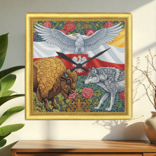 Relógio Quadrado Polônia, Bison, Wolf, águia polonesa, Art Nouveau