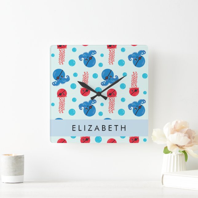 Relógio Quadrado Polvo Pirata, Água-Viva Pirata, Mar, Seu Nome (Lar)