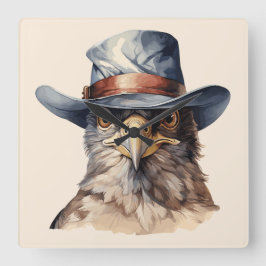 Relógio Quadrado Pombo engraçado vestindo um chapéu de cowboy, aqua