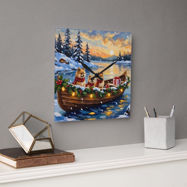 Relógio Quadrado Pomeranian Christmas Boat Holiday (Escritório)