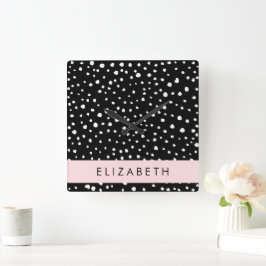 Relógio Quadrado Pontos Dalmáticos, Pontos, Preto e Branco, Seu Nom