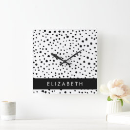 Relógio Quadrado Pontos Dalmáticos, Pontos, Preto e Branco, Seu Nom
