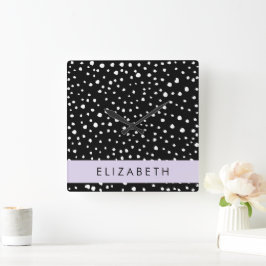 Relógio Quadrado Pontos Dalmáticos, Pontos, Preto e Branco, Seu Nom