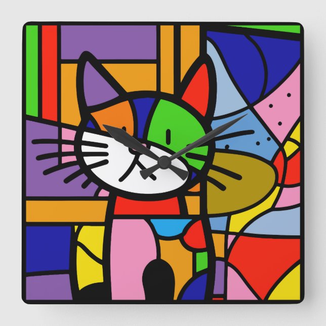 Relógio Quadrado Pop Art Cat Design Vibrante e Feliz (Frente)