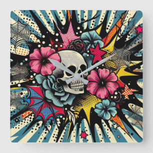Relógio Quadrado Pop Art Skull