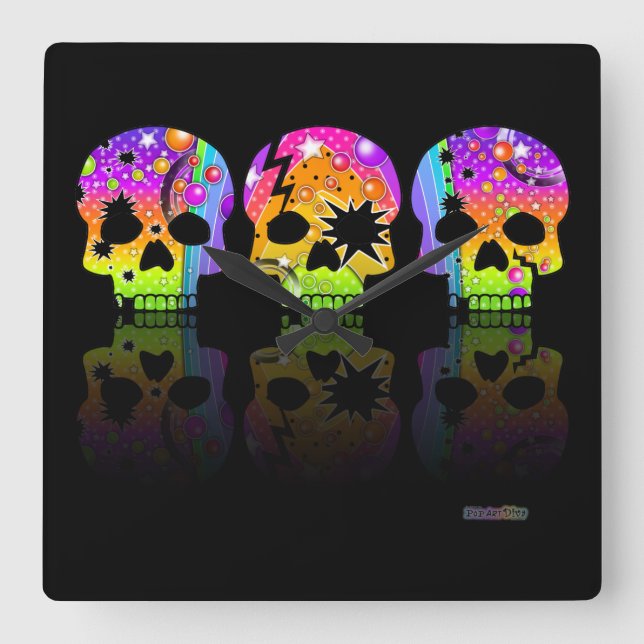 Relógio Quadrado Pop Art SKULLS WALL CLOCK (Frente)