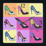 Relógio Quadrado Pop Art Stiletto Pumps / Calçados / Quadrado de Al<br><div class="desc">Relógio na impressão "Glorificação do Stiletto" - Pop-Art renderização da amada bomba estiletto</div>