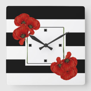 Relógio Quadrado Poppies vermelhos em fundo branco e preto