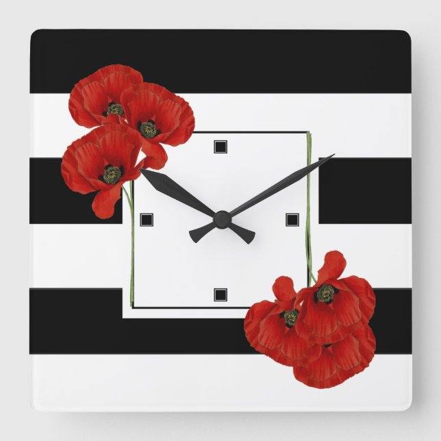 Relógio Quadrado Poppies vermelhos em fundo branco e preto (Frente)