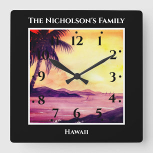 Relógio Quadrado Pôr do sol em trópicos pintando a aquarela em pr