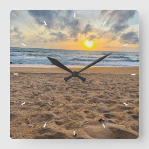 Relógio Quadrado Pôr do Sol na Praia no Dia das Mães Personalizado 