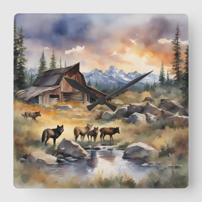 Relógio Quadrado Pôr do sol no celeiro antigo (Frente)