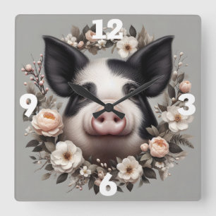 Relógio Quadrado Porco numa coroa floral