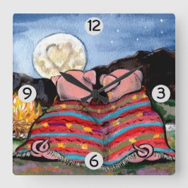 Relógio Quadrado Porcos em uma Lua Romântica Branca Estrelas Arte