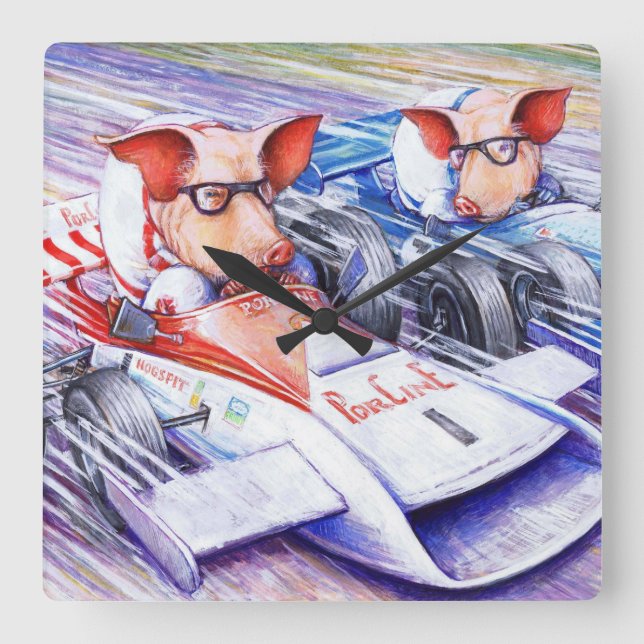 Relógio Quadrado Porcos que conduzem o pulso de disparo de parede (Frente)