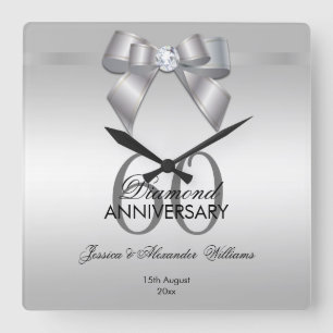 Relógio Quadrado Posh Gem Arco & Ribbon 60º Aniversário de Casament