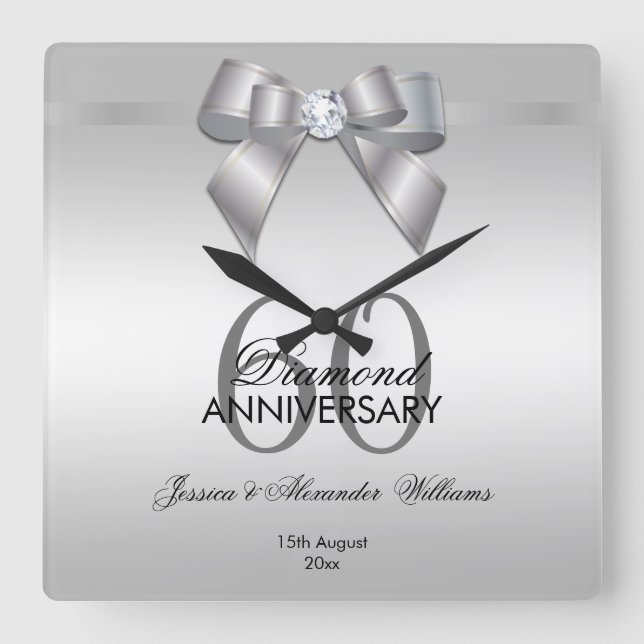 Relógio Quadrado Posh Gem Arco & Ribbon 60º Aniversário de Casament (Frente)