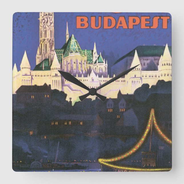 Relógio Quadrado Poster das viagens vintage de Budapest (Frente)