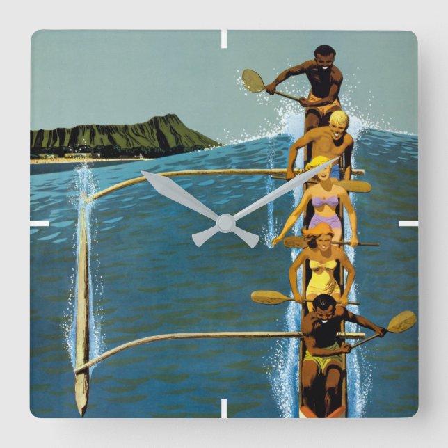 Relógio Quadrado Poster de viagens Da United Air Lines Para O Havaí (Frente)