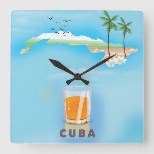 Relógio Quadrado poster de viagens de mapa ilustrado de Cuba