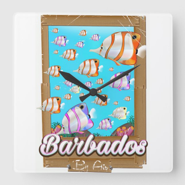Relógio Quadrado Poster de viagens de peixes tropicais de Barbados (Frente)