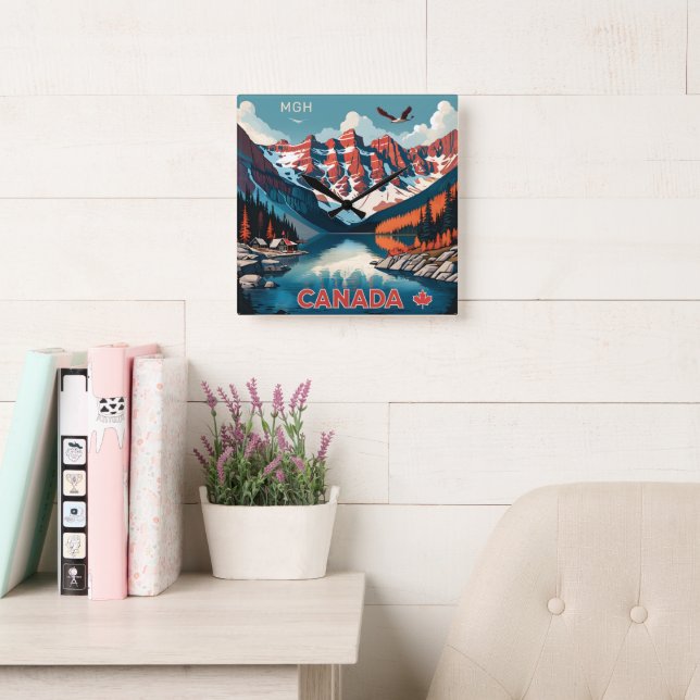Relógio Quadrado Poster de viagens Personalizado do Monograma Canad (Sala de leitura)