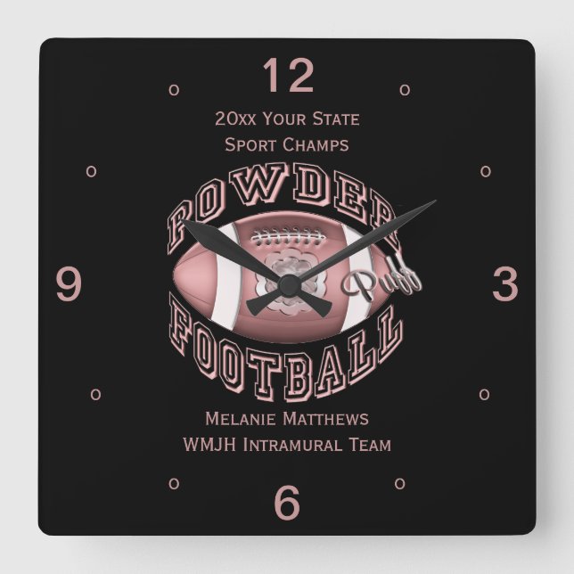 Relógio Quadrado Powderpuff Futebol Name e School Square Clock (Frente)