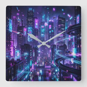 Relógio Quadrado Praça Cyberpunk Neon Paisagem Urbana Futurista