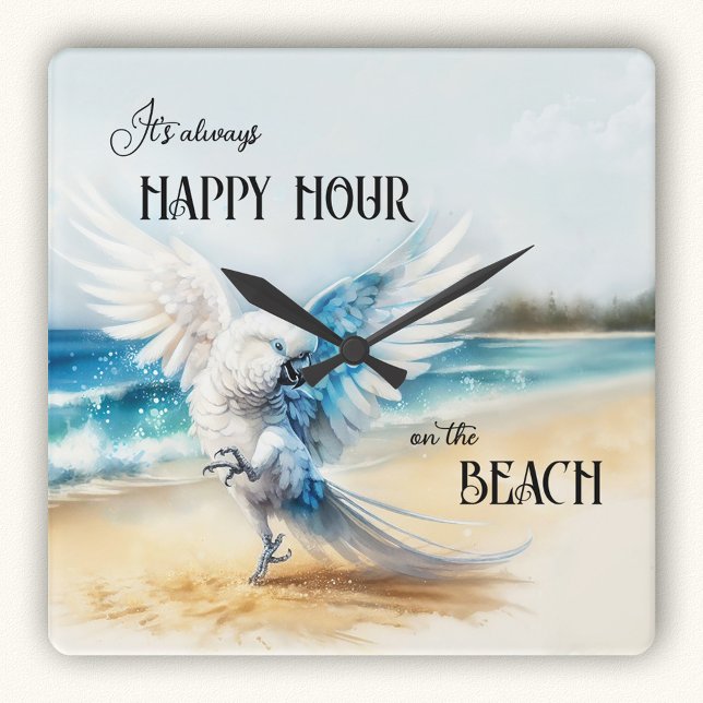 Relógio Quadrado Praia de Papagaio Funny Dancing (Wall clock featuring a painting of a funny dancing cockatoo parrot on the beach)