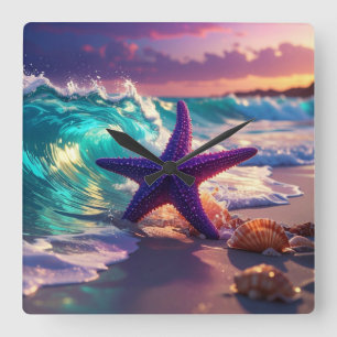 Relógio Quadrado Praia oceânica com estrelas-do-mar violetas