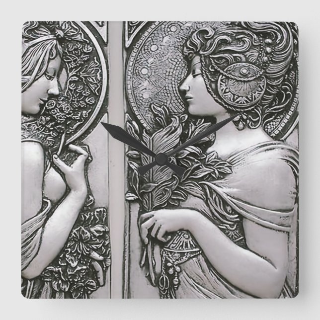 Relógio Quadrado Prata, Art nouveau, design, fêmeas, Mucha, beleza (Frente)