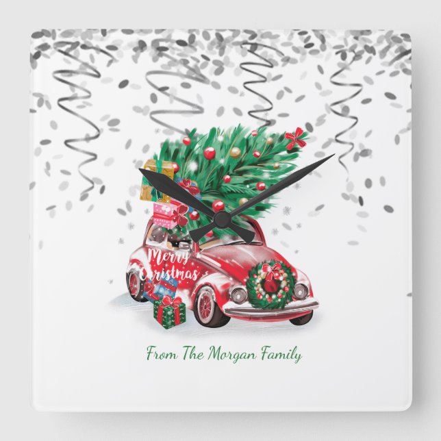 Relógio Quadrado Prata Confetti, pinheiro vermelho Natal Neve (Frente)