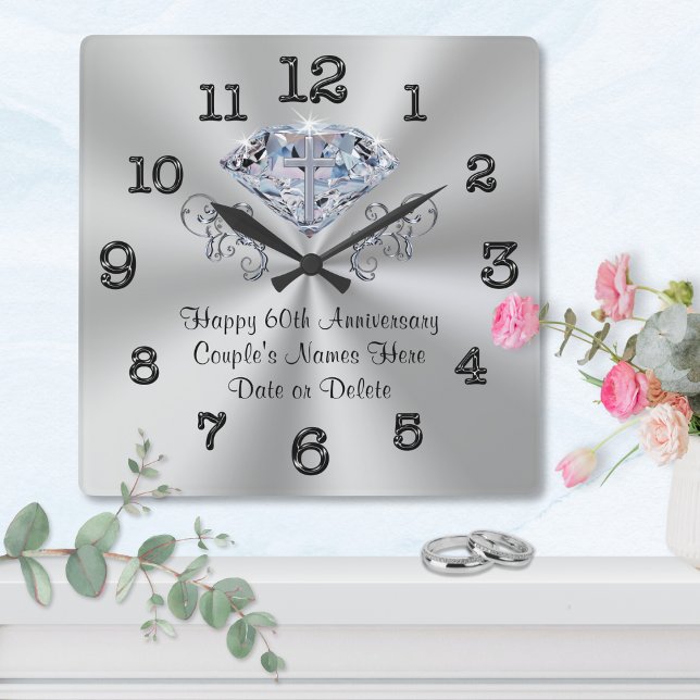 Relógio Quadrado Presente de aniversário de casamento do Christian  (60th Anniversary Gift Ideas for Parents, Grandparents, Friends and Family. Custom, Diamond Clock. )